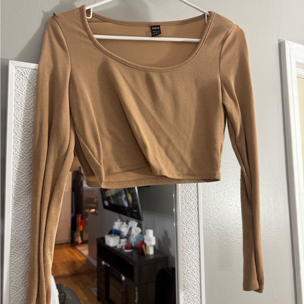 SHEIN Brown Long Sleeve Fitted Crop Bodysuit